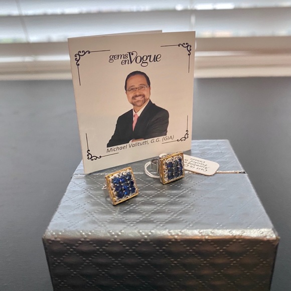 NWT Royal Blue Sapphire Square Cluster Earrings - Picture 10 of 16